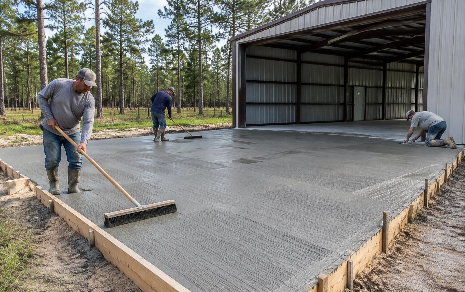 Crew applying a broom finish to a new concrete slab in front of a metal pole barn