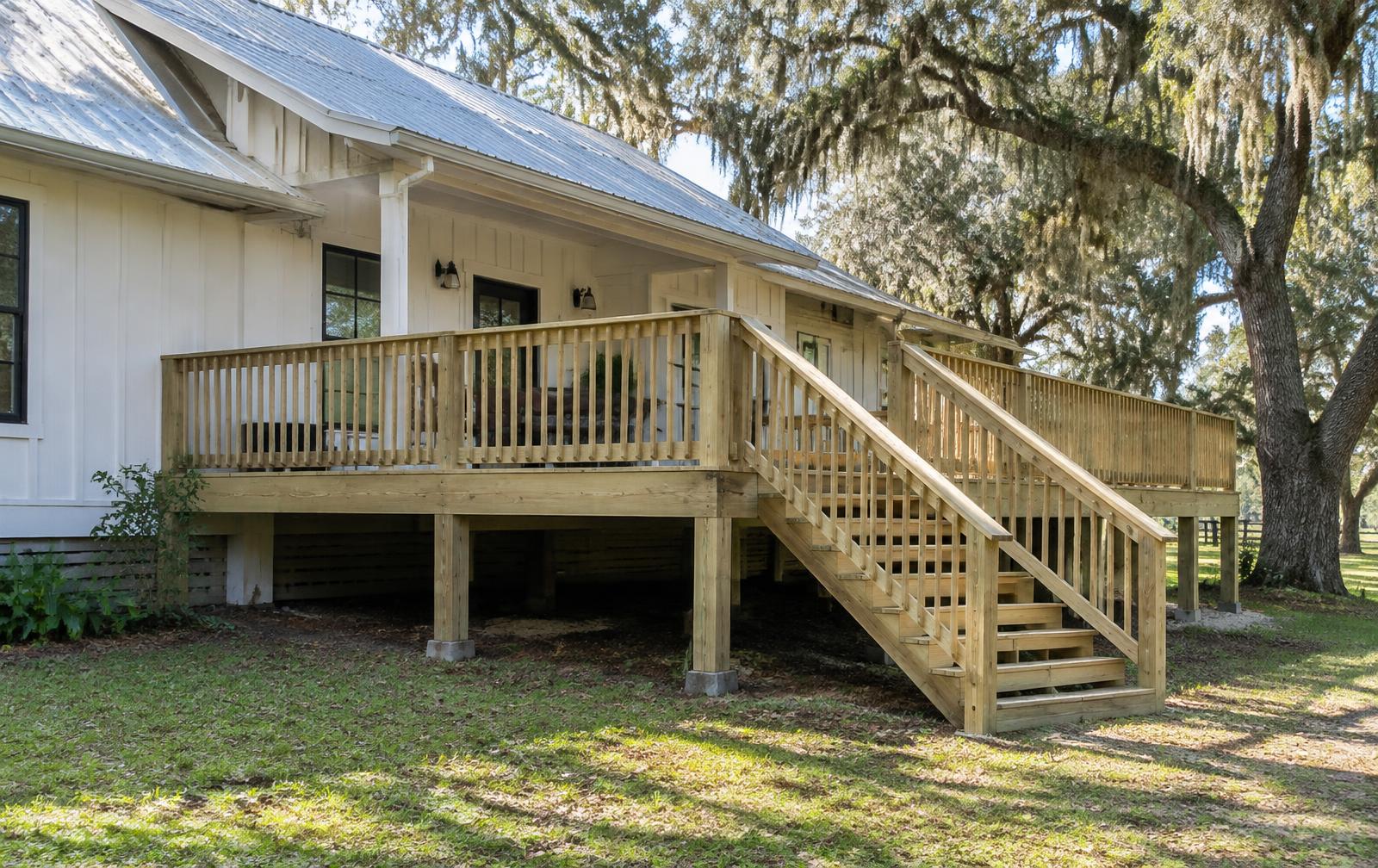 New pressure-treated wood deck with railings and stairs off a farmhouse under live oaks