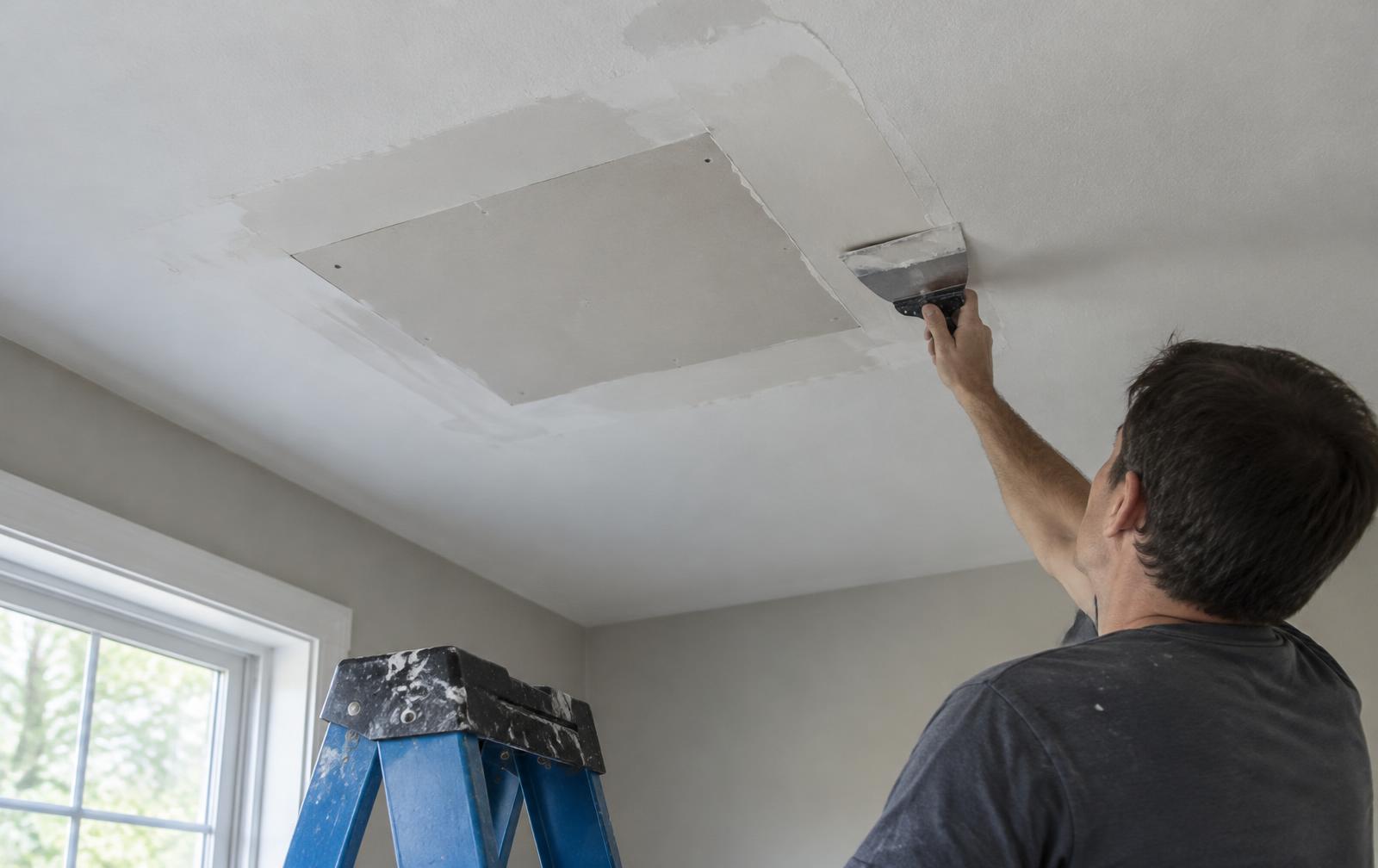 Worker finishing a square drywall patch on a ceiling with a taping knife