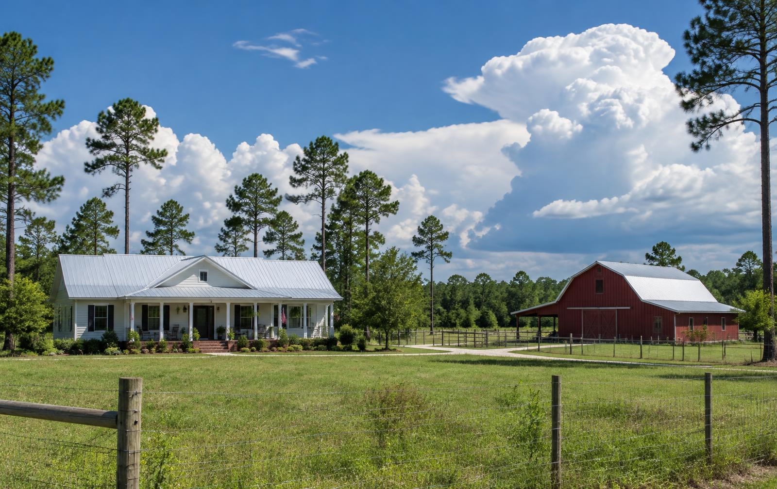 White farmhouse and red barn with silver metal roofs under summer clouds in rural North Florida