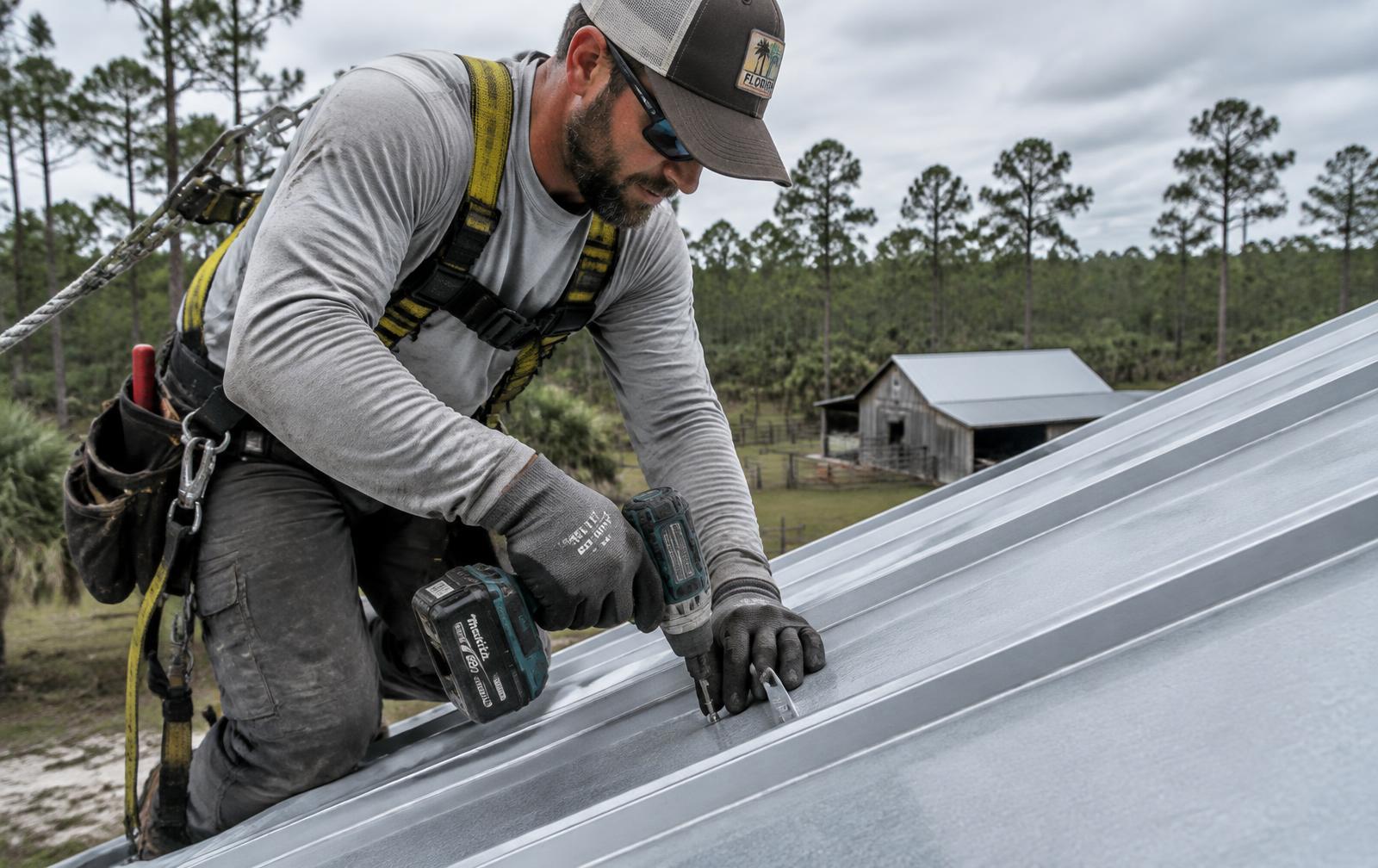 Roofer fastening standing seam metal panels on a barn in rural Florida