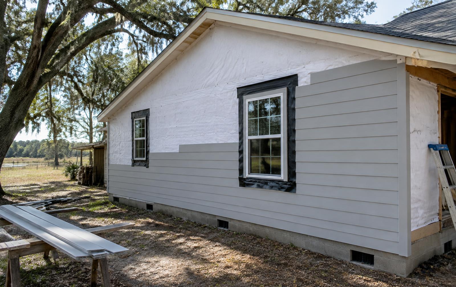 New gray lap siding going up over white house wrap on a rural Florida home